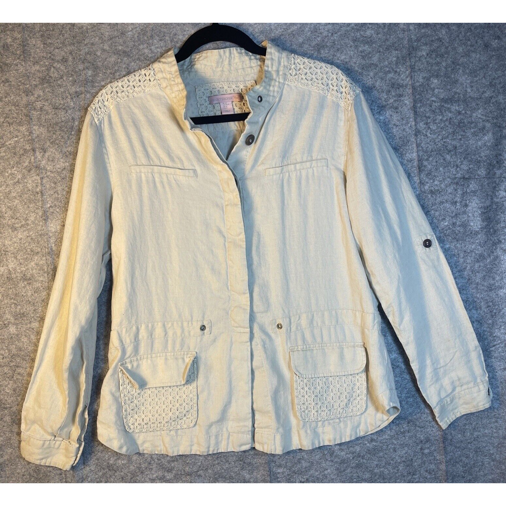 Saint Tropez West Linen Tunic Top Sz MEDIUM Long Sleeve Beige Button Up Career